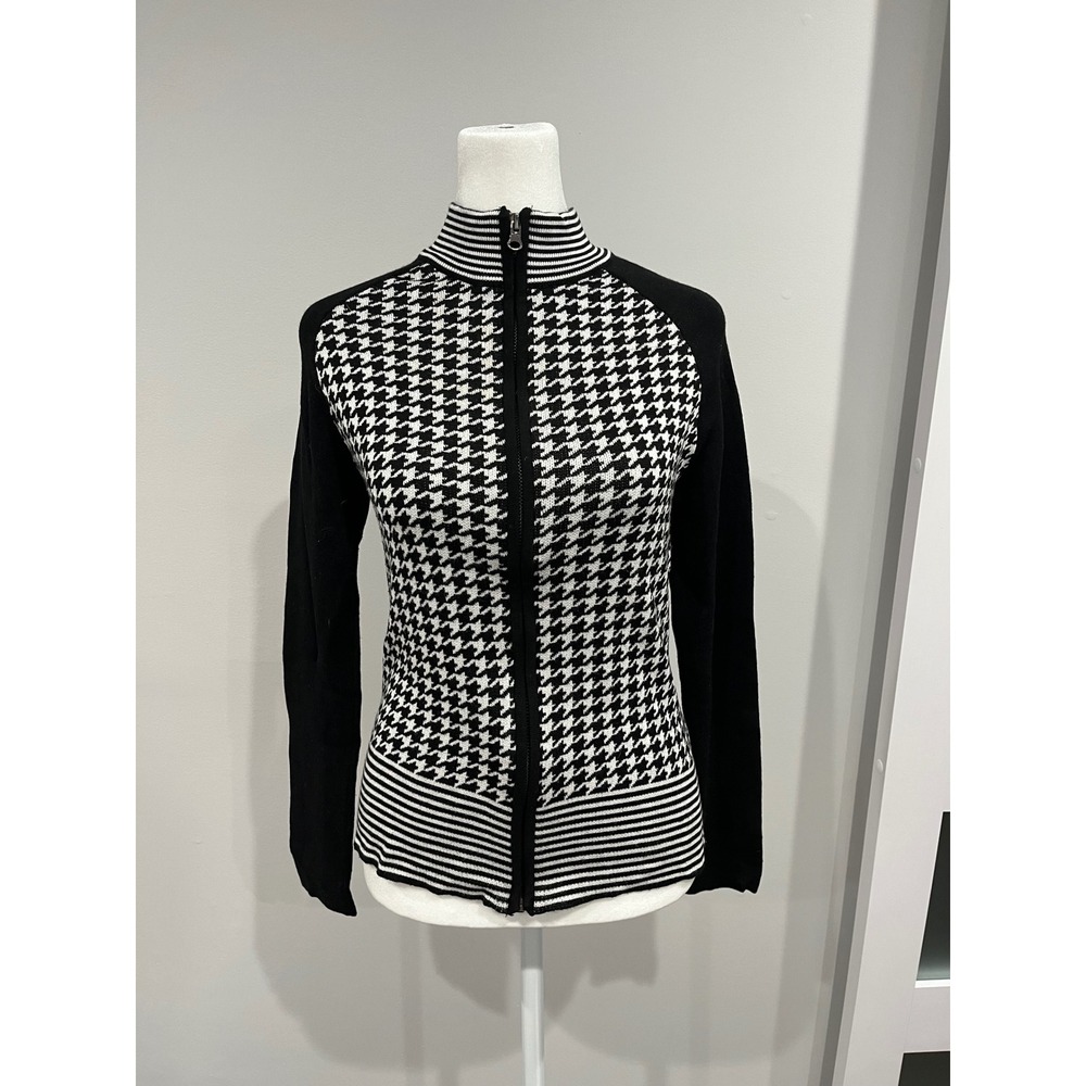 Kenzie Womens Black White Houndstooth Full Zip Knit Sweater Mock Neck Small‎